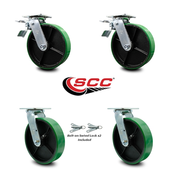 8 Inch Green Poly on Steel Caster Set with Ball Bearings 2 Brakes 2 Swivel Locks